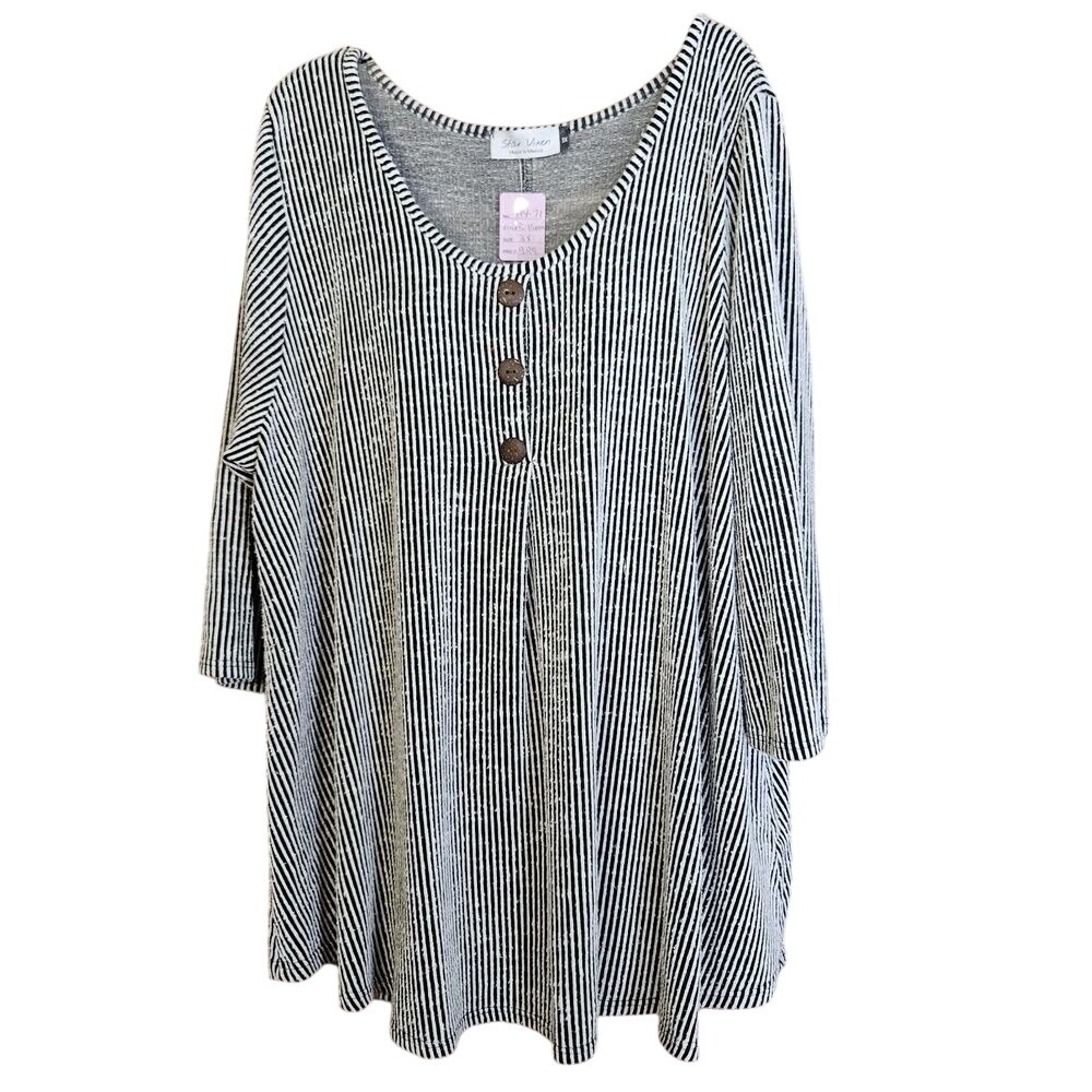 Star Vixen Plus Size 3XL Blouse Black White Stripe Tunic 3/4 Sleeve Knit Stretch